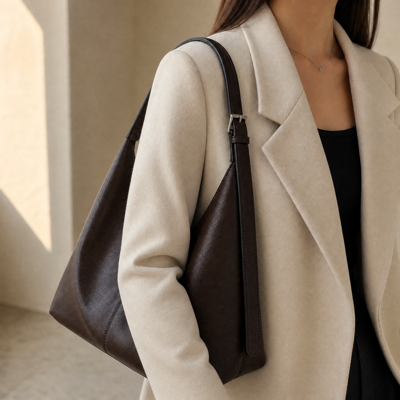 Margo & Main – Elspeth dark brown hobo bag close-up worn on the shoulder with a cream coat
