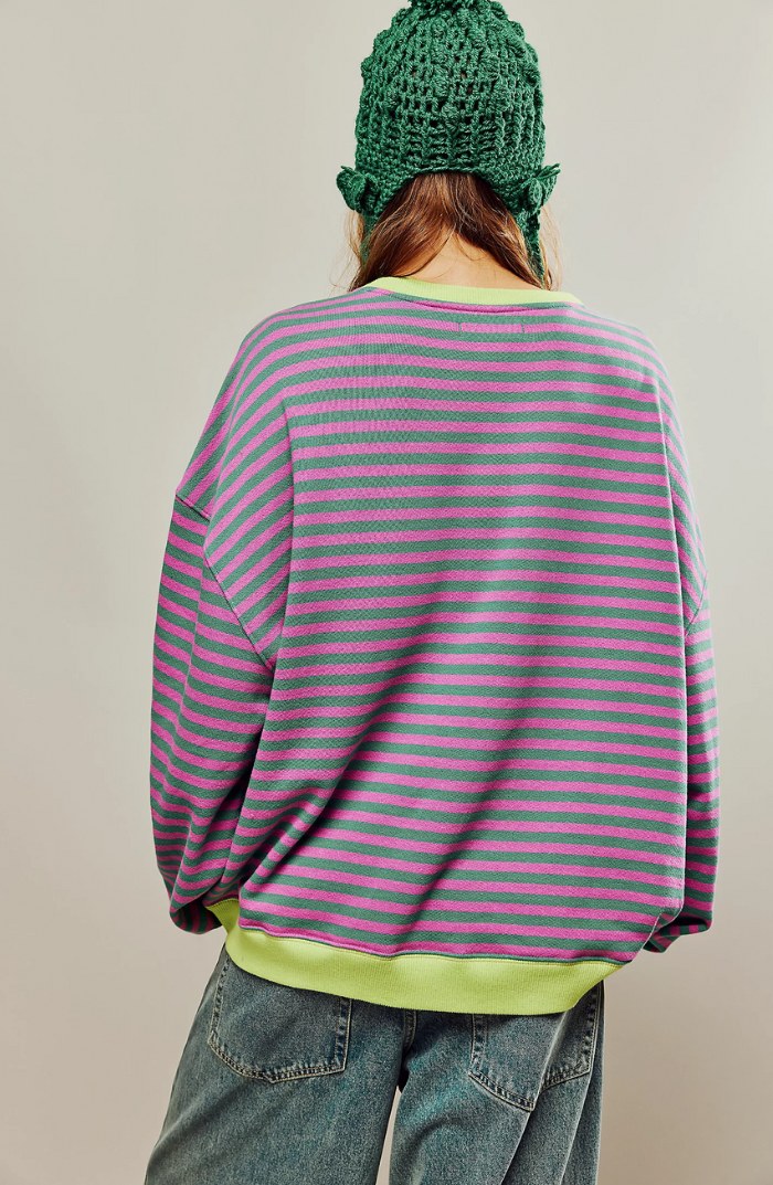 Margo & Main – green & pink striped sweater back view with a knit beanie, US women's sizes