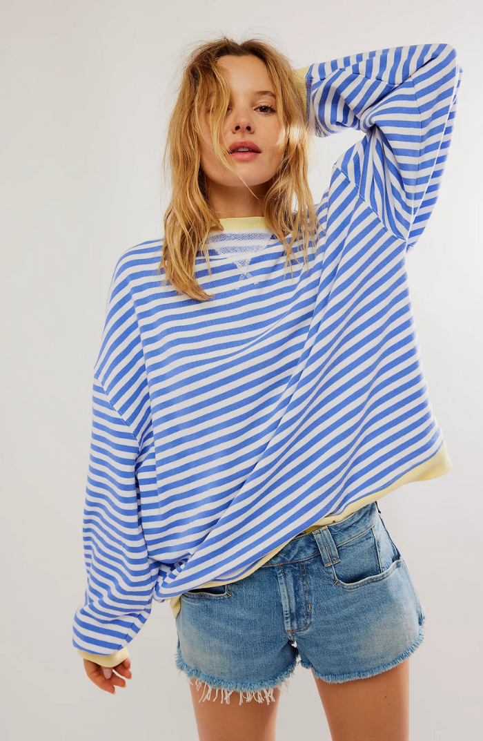 Margo & Main – blue & white striped sweater front view with denim shorts, US women's sizes