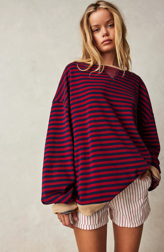 Margo & Main – navy & red striped sweater front view over striped shorts, US women's sizes