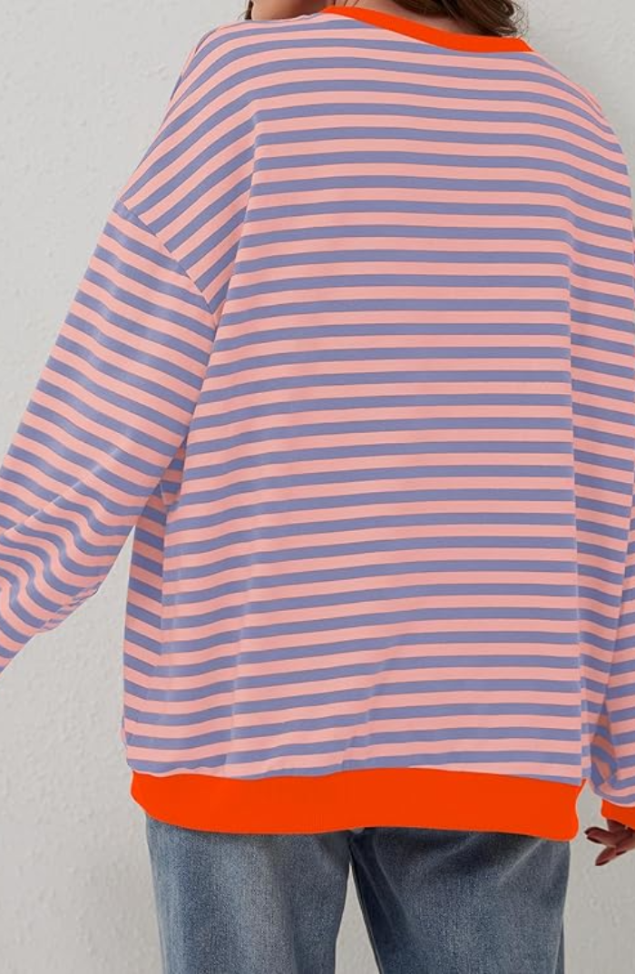 Margo & Main – pink & orange striped sweater back view with contrast hem, US women's sizes