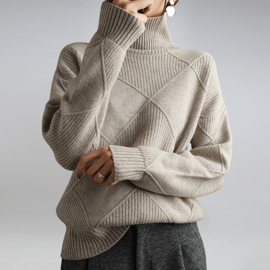 Margo & Main – cream diamond knit turtleneck sweater black colorway front view, US women's sizes