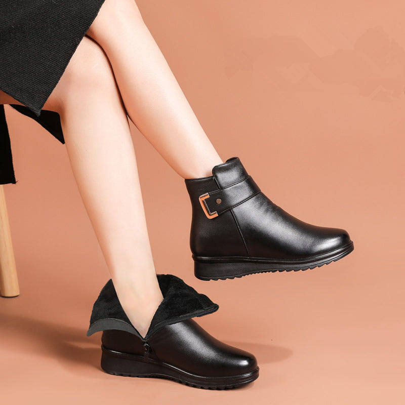 Margo & Main – black fleece-lined leather ankle boots worn with a dress, US women's sizes