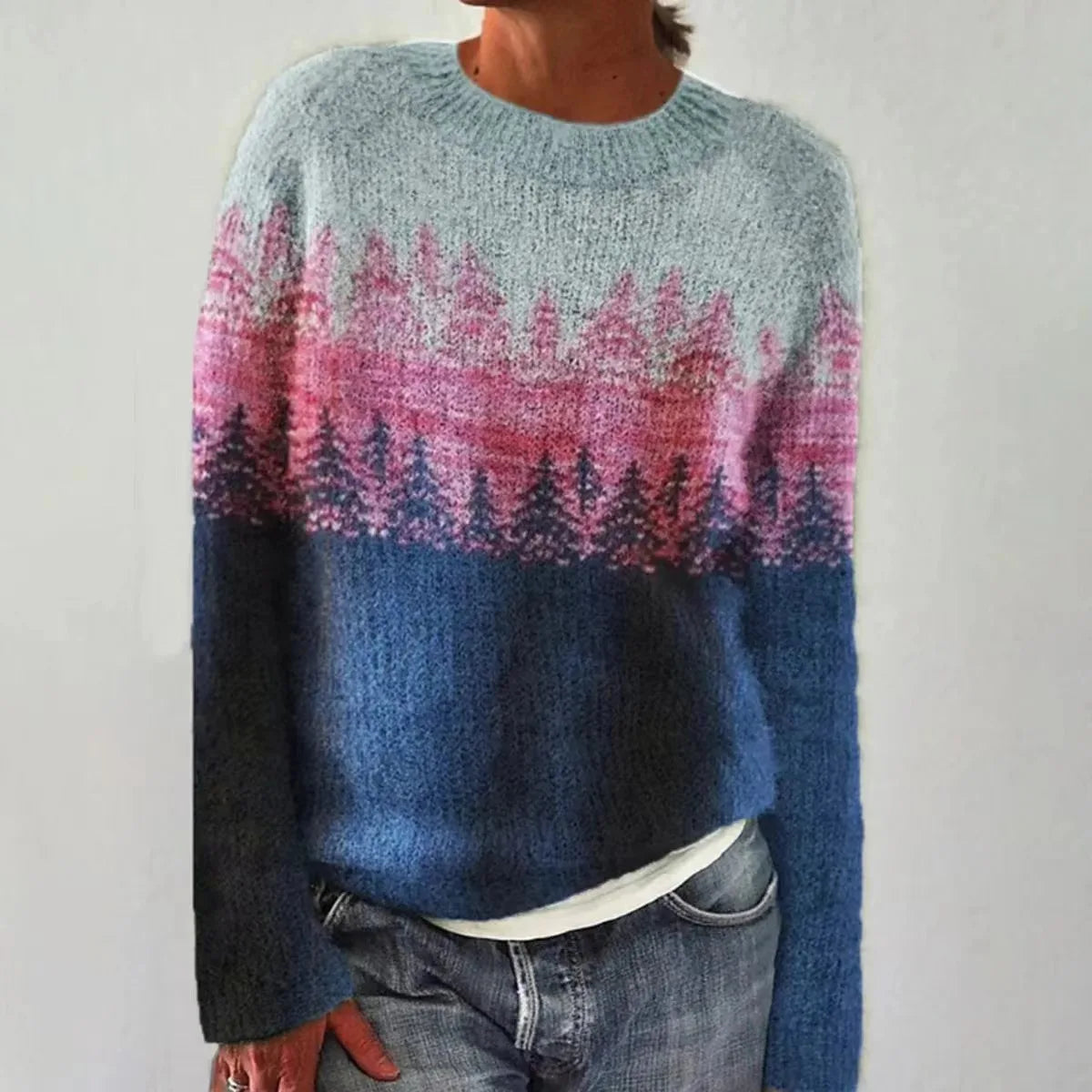 Margo & Main – nordic yoke pullover sweater, angled view, US women's sizes