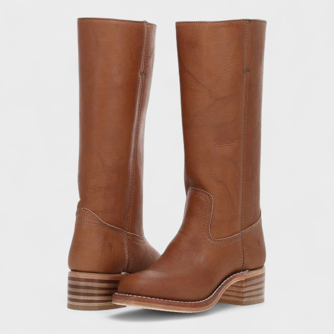 Margo & Main – Cognac knee-high boots with a seamed vamp, full length view, US women's sizes