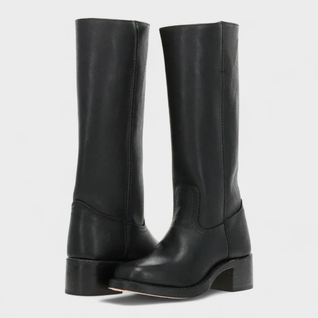 Margo & Main – Black leather knee-high riding boots on a low block heel, US women's sizes