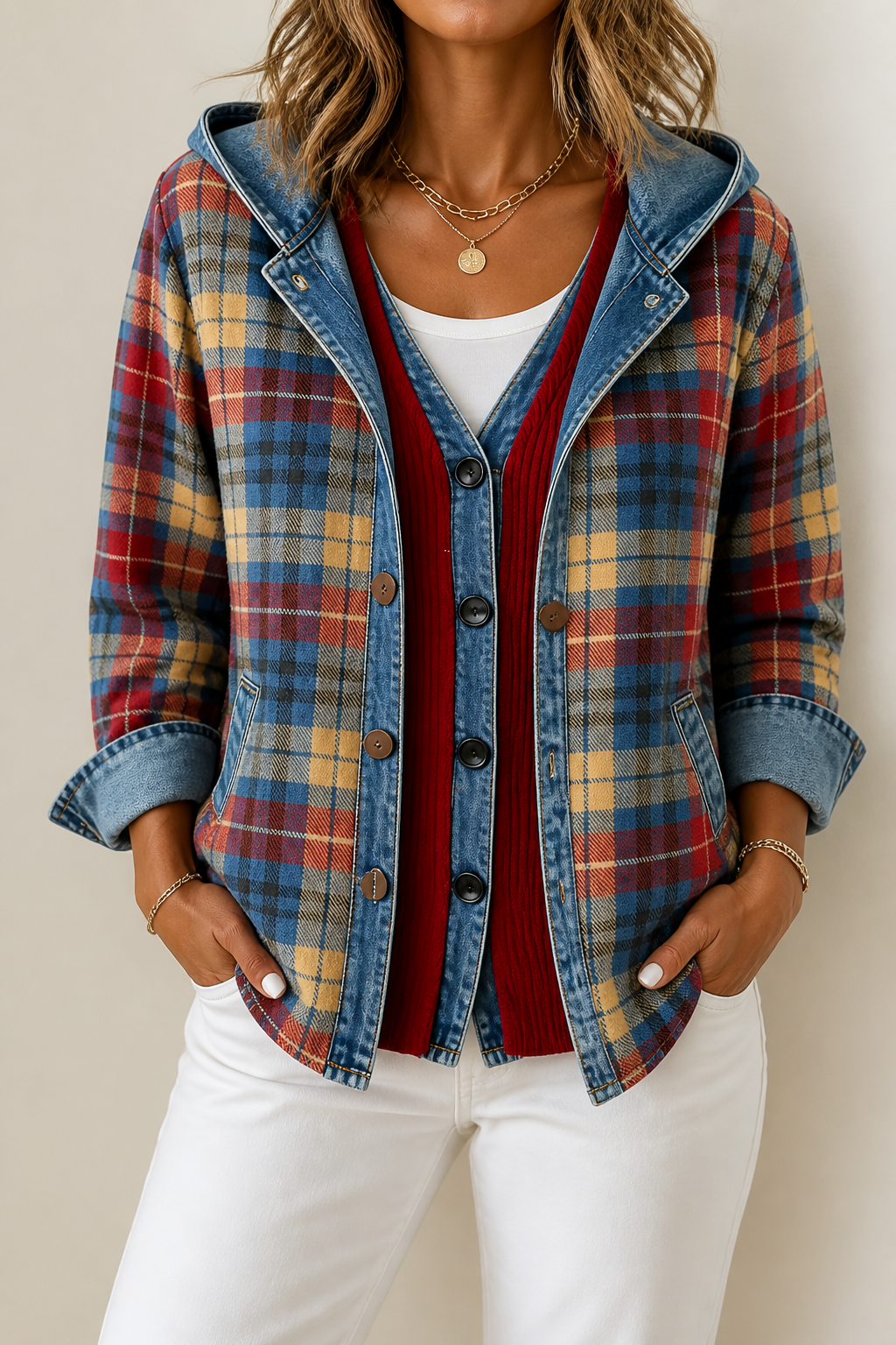 Corliss Hooded Plaid Shacket with Denim Trim