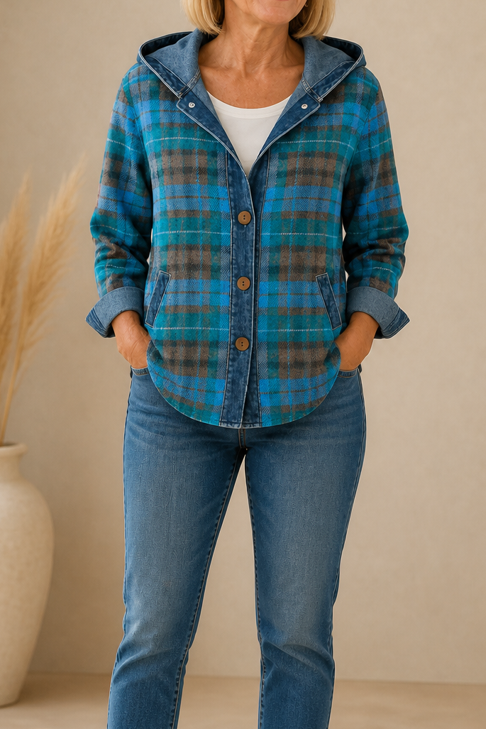 Corliss Hooded Plaid Shacket with Denim Trim