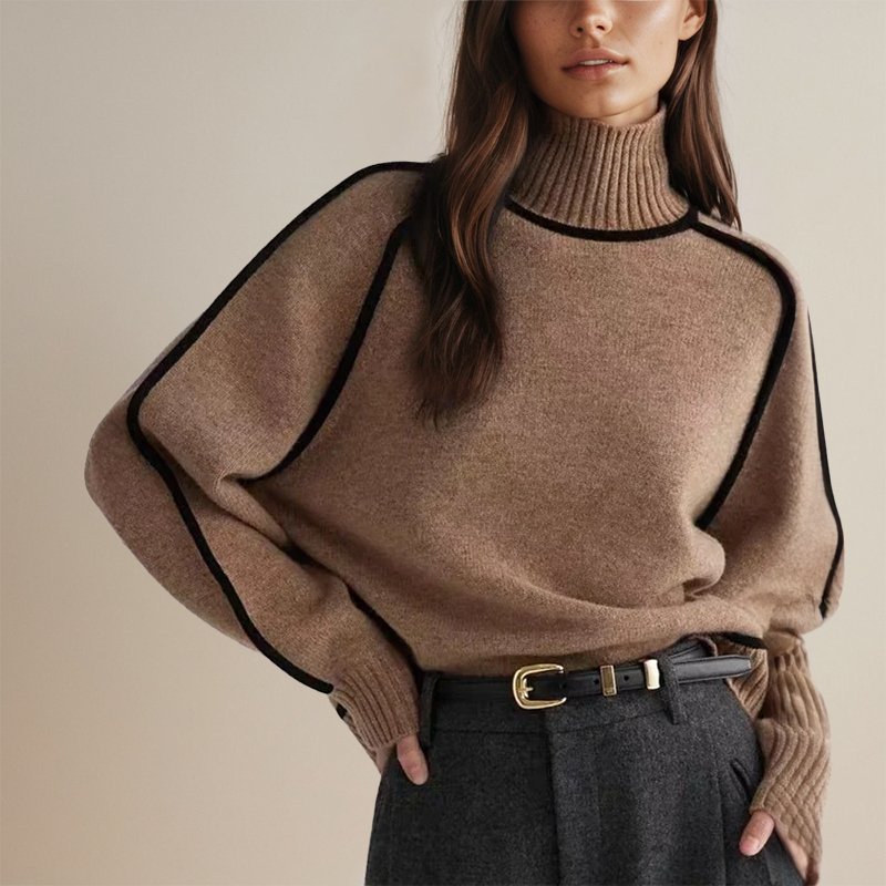 Margo & Main - mocha brown contrast trim turtleneck sweater knit texture detail, US women's sizes