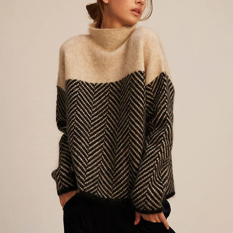 Margo & Main - cream and black herringbone turtleneck front view, US women's sizes