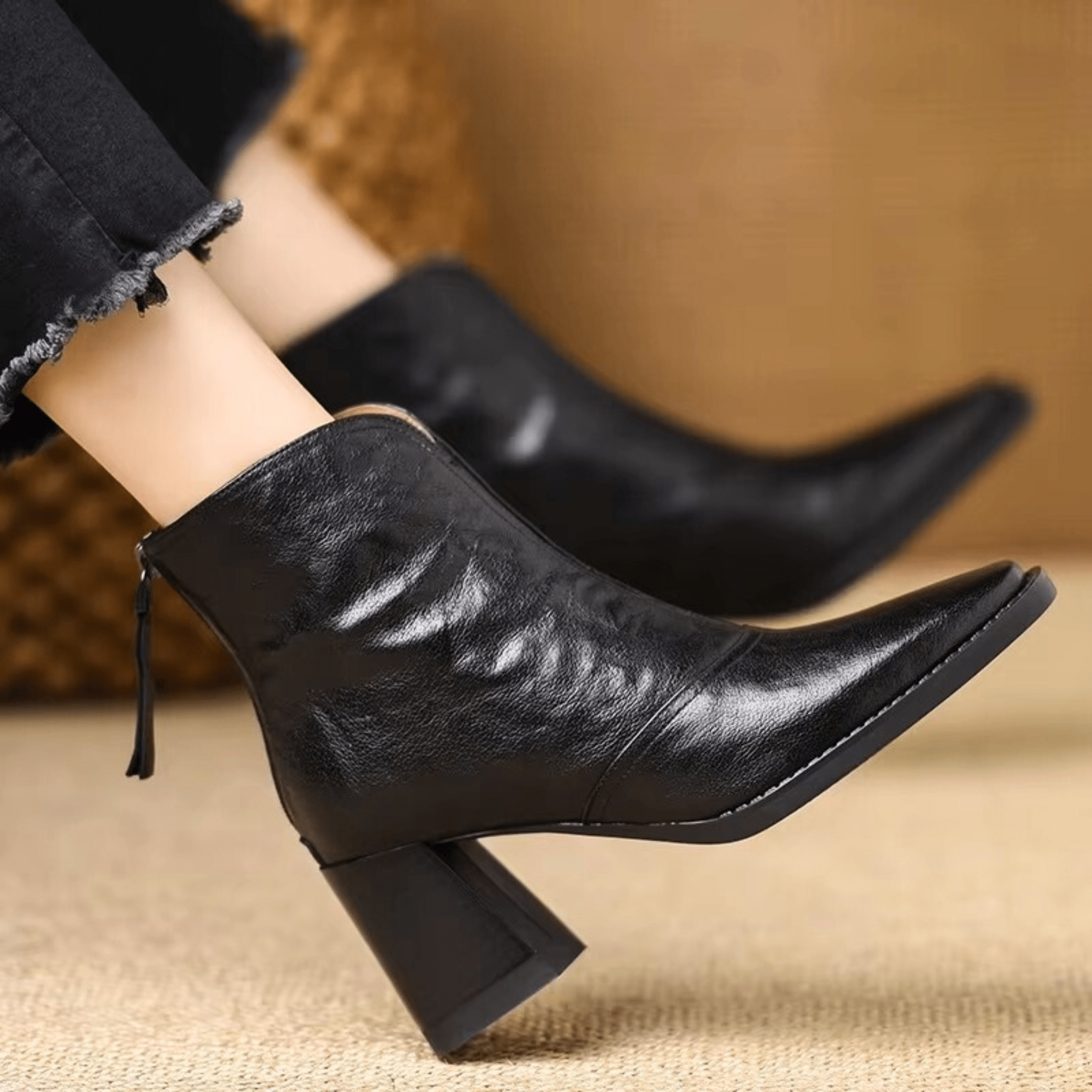 Margo & Main – black leather ankle boots vamp and gore panel close up, US women's sizes