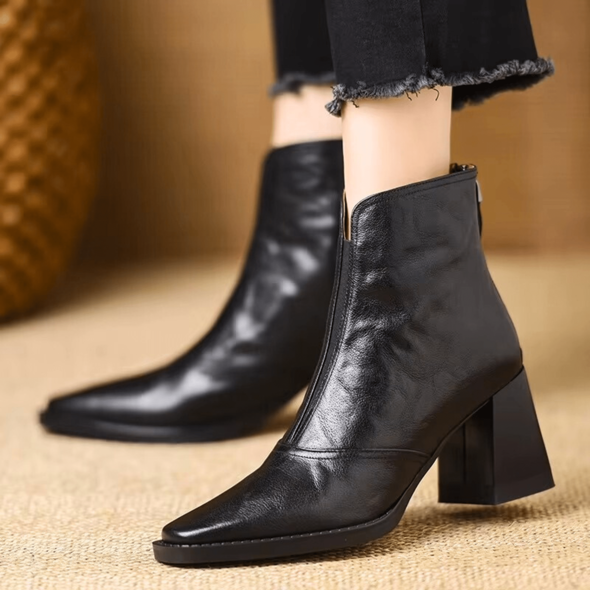 Margo & Main – black leather ankle boots square toe and block heel detail, US women's sizes