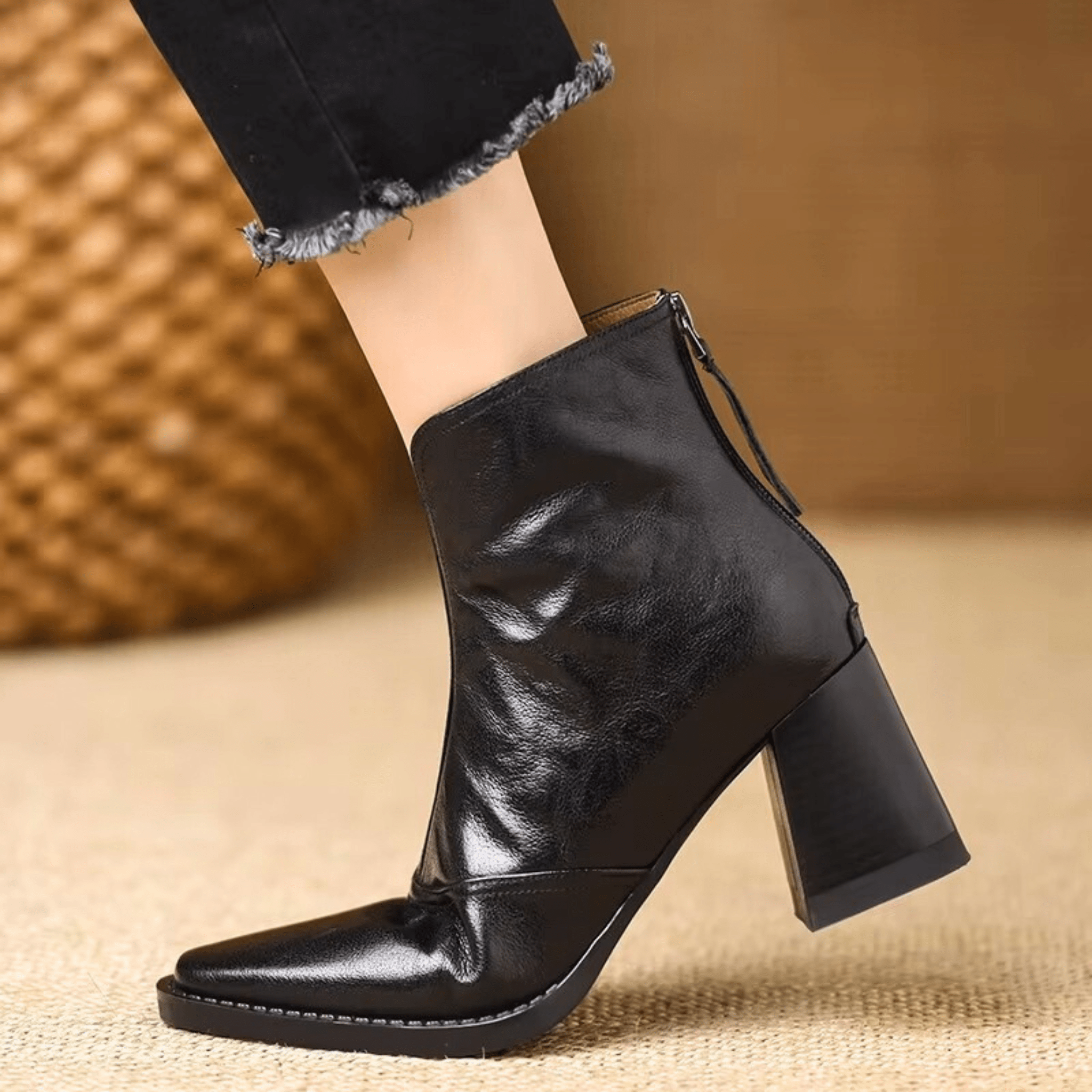 Margo & Main – black square toe leather ankle boots angled pair view, US women's sizes