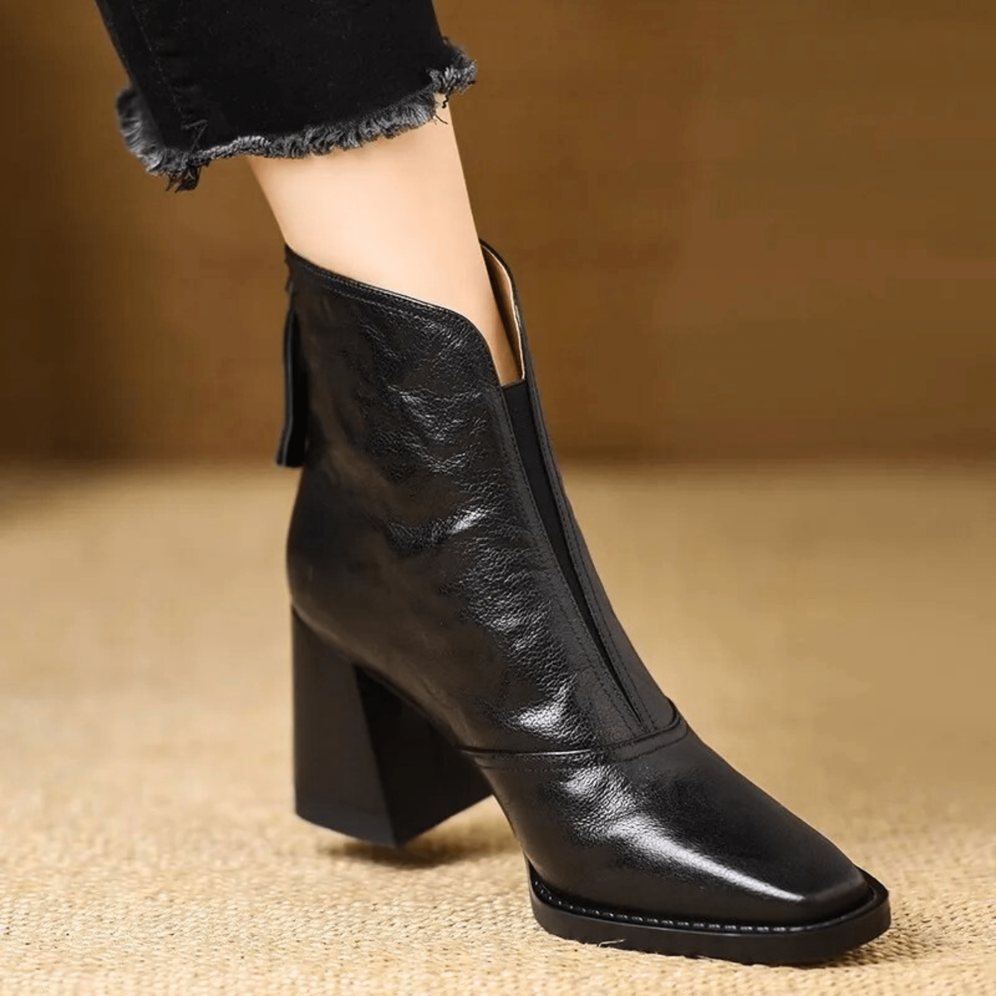 Margo & Main – black square toe leather ankle boots front view on model, US women's sizes