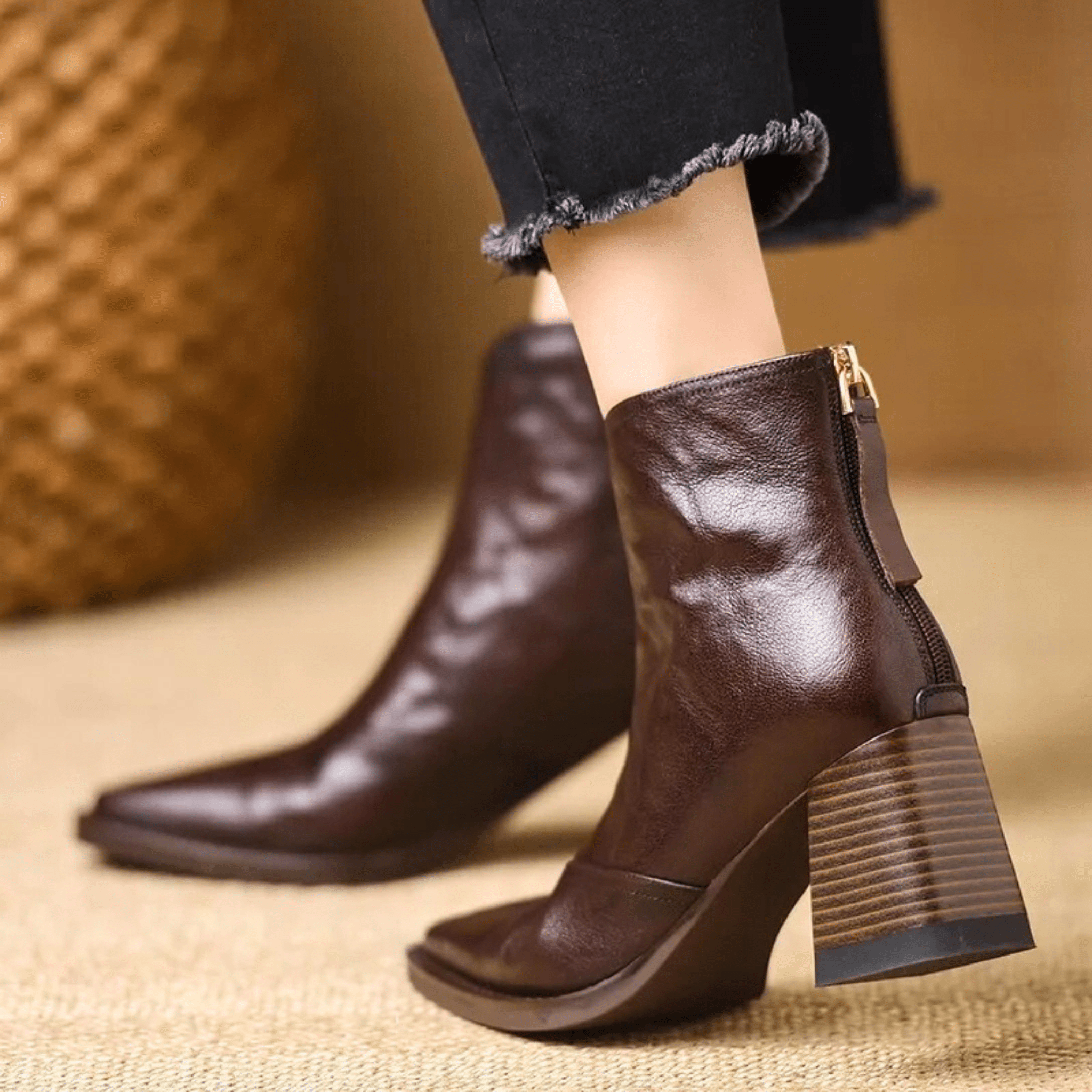 Margo & Main – dark brown leather ankle boots back zip and stacked heel, US women's sizes