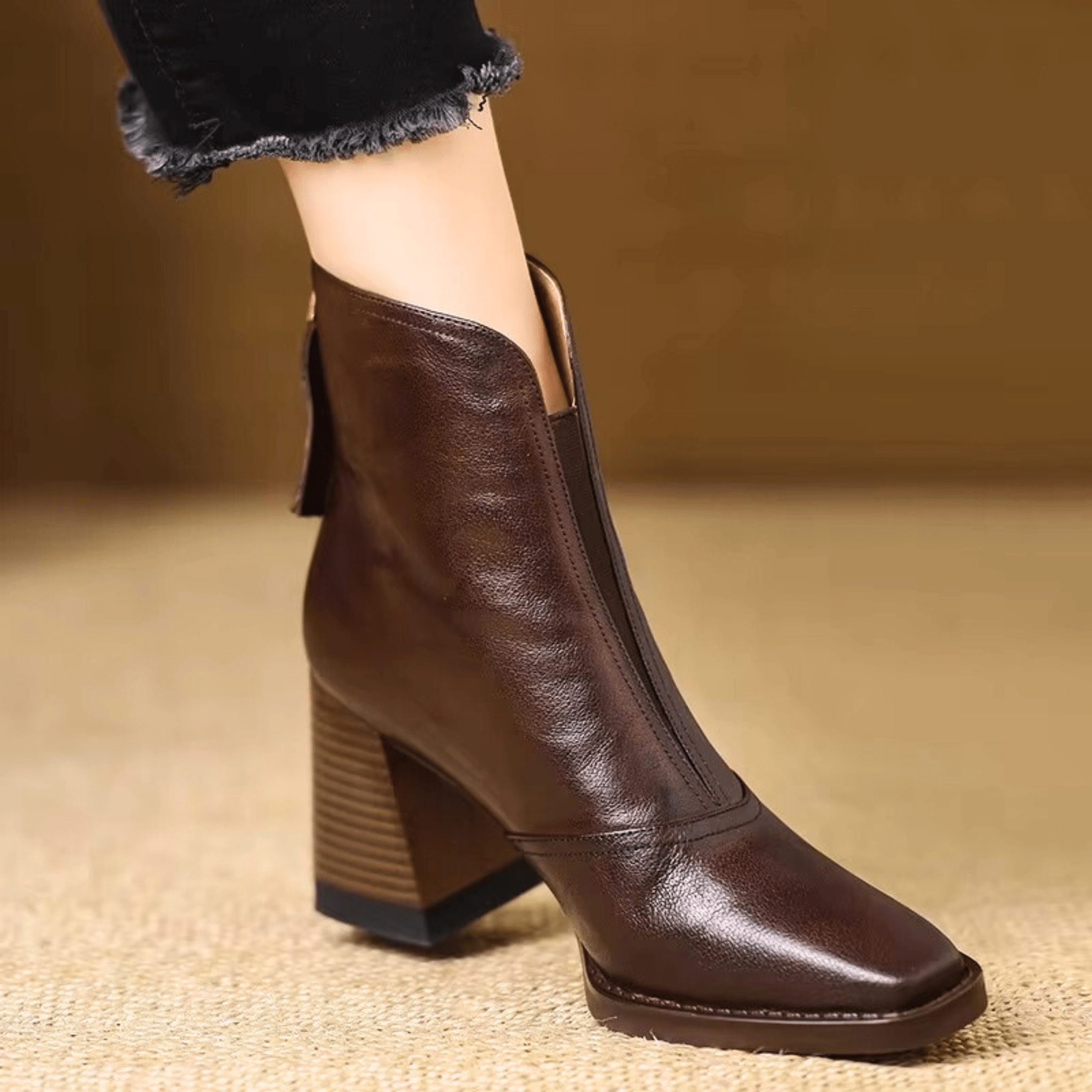 Margo & Main – dark brown square toe leather ankle boots front view, US women's sizes