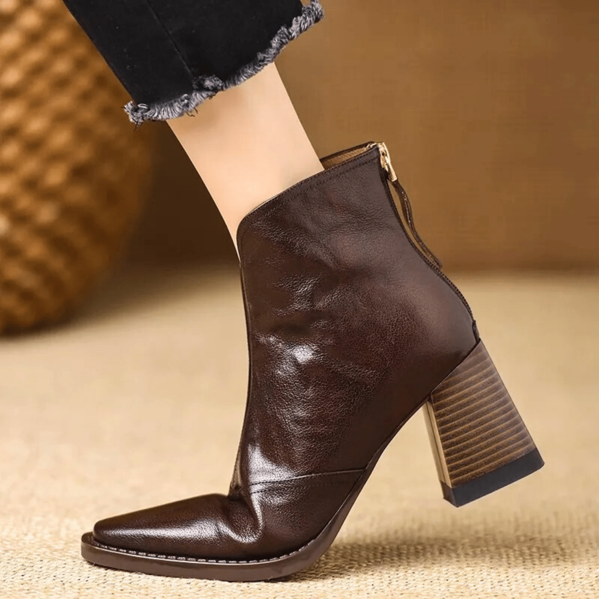 Margo & Main – dark brown leather ankle boots side profile on model, US women's sizes
