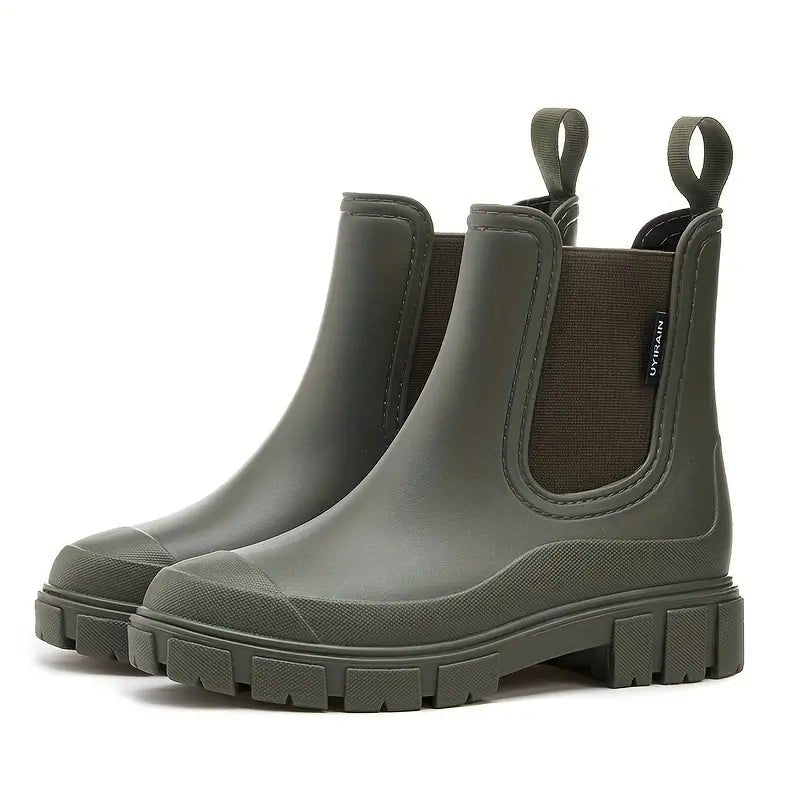 Margo & Main – Olive green Chelsea ankle boots, angled side and heel view, US women's sizes