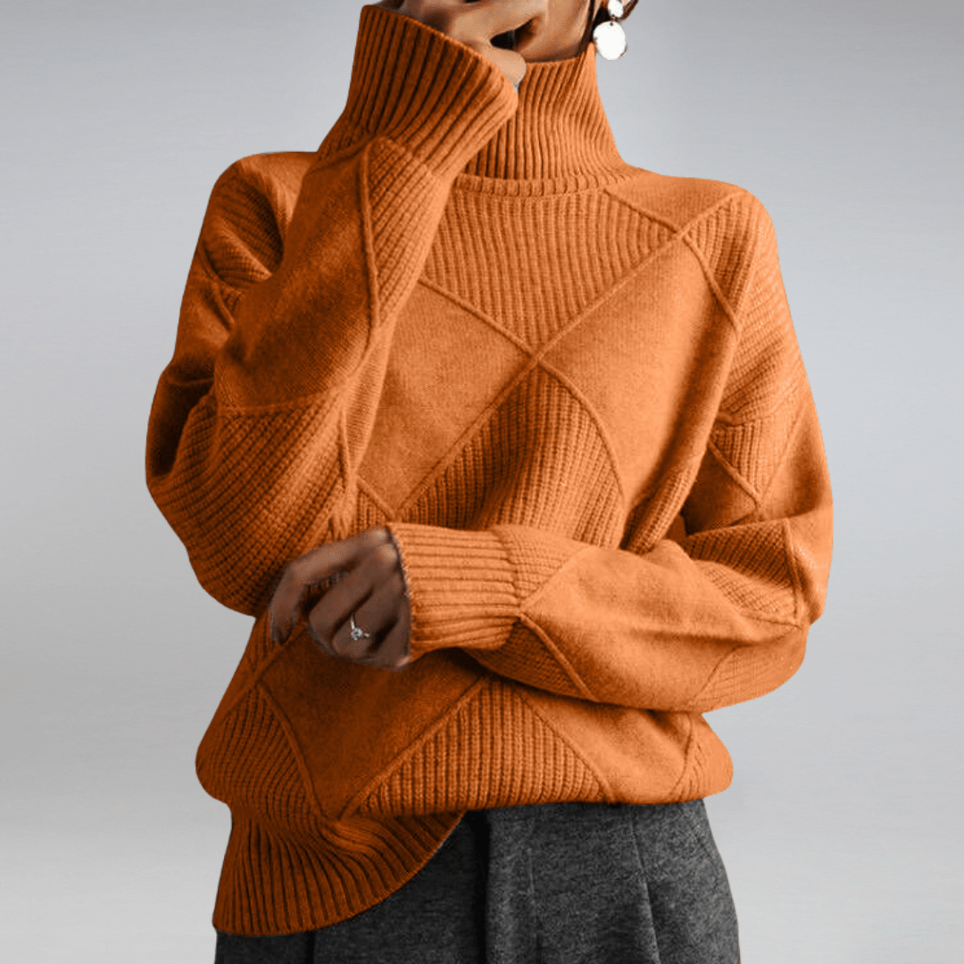 Margo & Main – diamond knit turtleneck sweater, styled view, US women's sizes